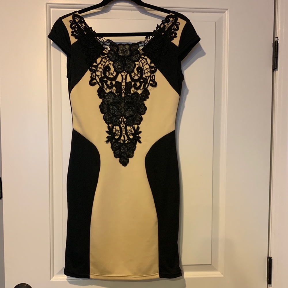 Black and beige dress with lace detail